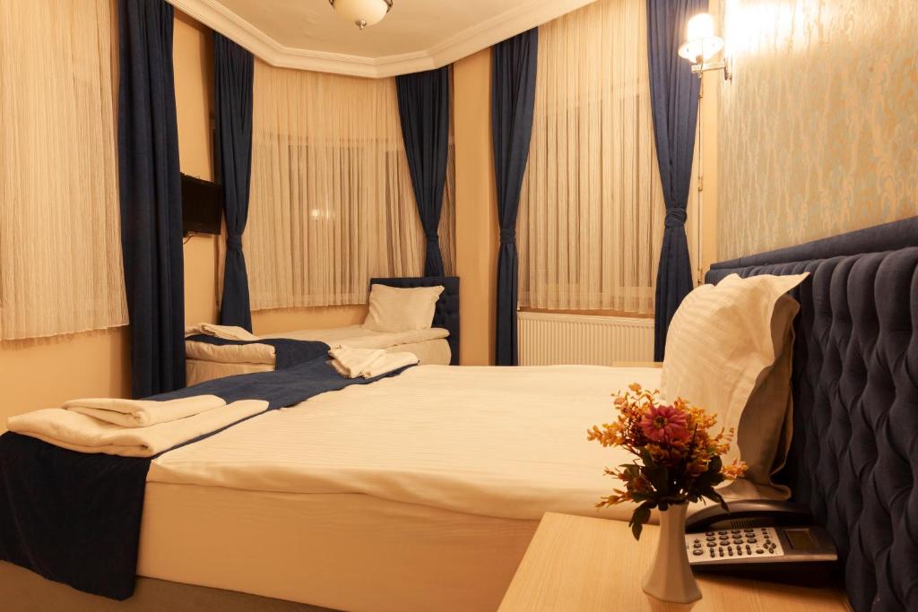 イスタンブールにあるマイ ホーム スルタンアフメット ホテルのベッド2台、リモコンが備わるホテルルームです。