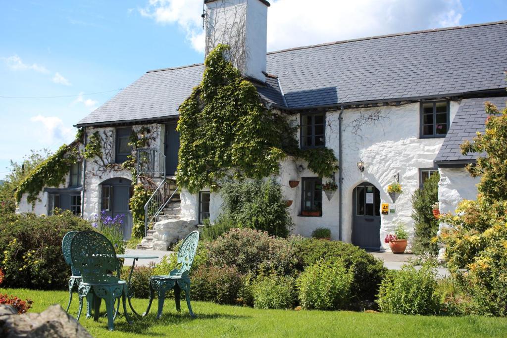 a white house with two chairs in the yard at Dolgun Uchaf Guesthouse and Cottages in Snowdonia in Dolgellau