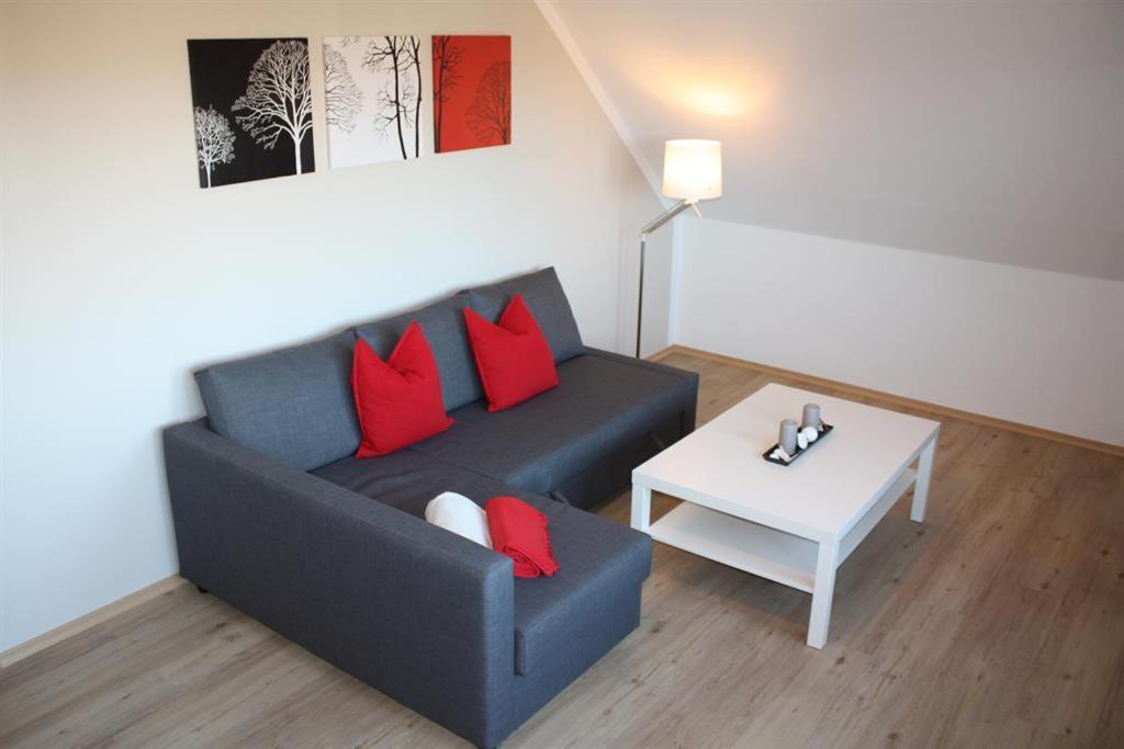 a living room with a blue couch and red pillows at Haus Deichblick in Vollerwiek