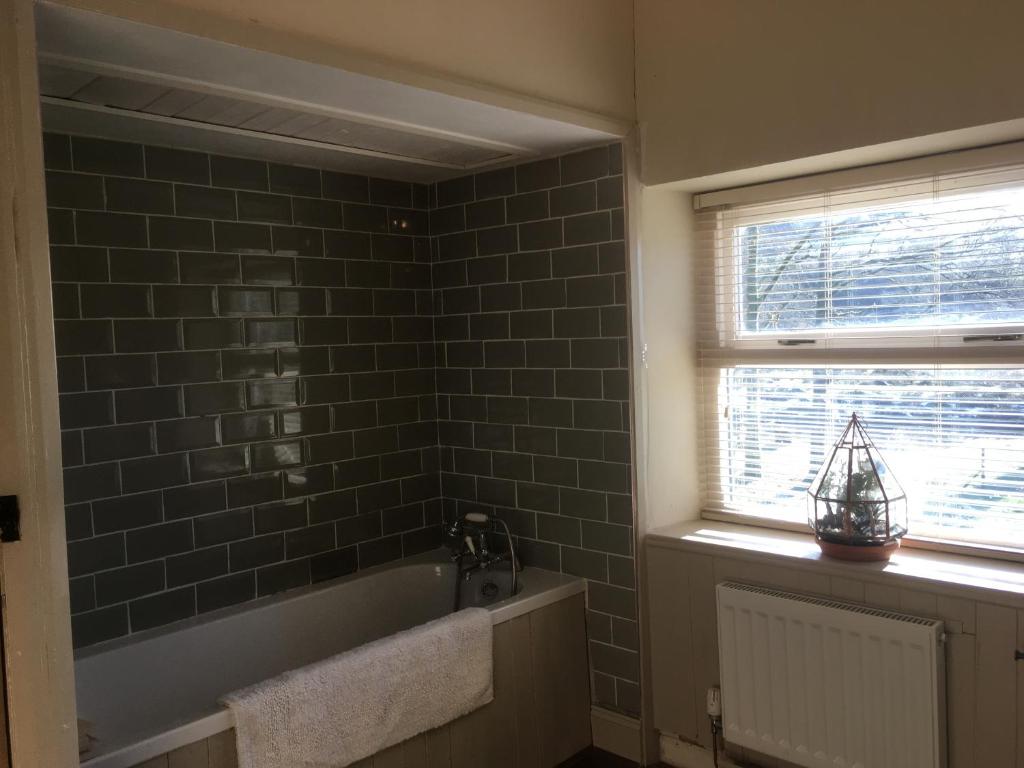 a bathroom with a bath tub and a window at The Mews, Talley in Llandeilo
