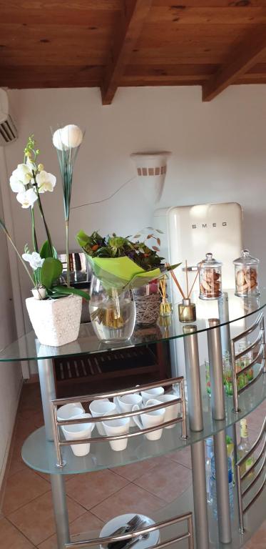 - un comptoir en verre avec des fleurs dans la cuisine dans l'établissement B&B Arghjola, à Porto-Vecchio