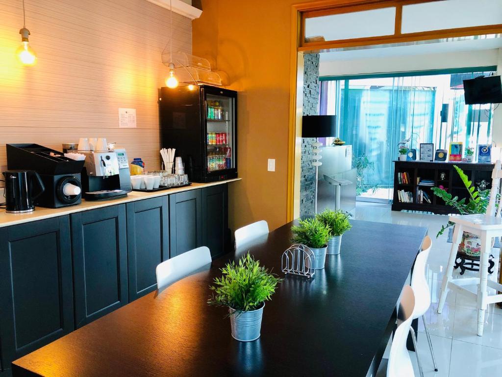 a dining room with a table with plants on it at Quints Travelers Inn in Willemstad