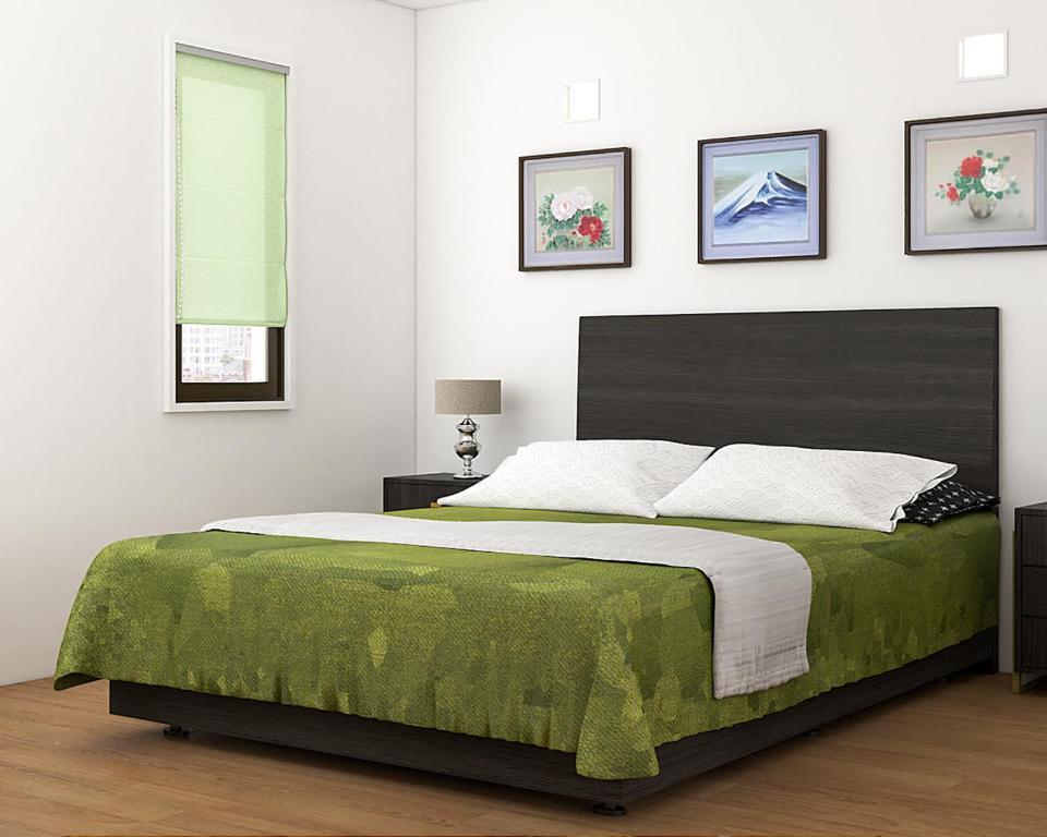 Asakusa HomeSuites Tokyo في طوكيو: غرفة نوم بسرير كبير مع بطانية خضراء