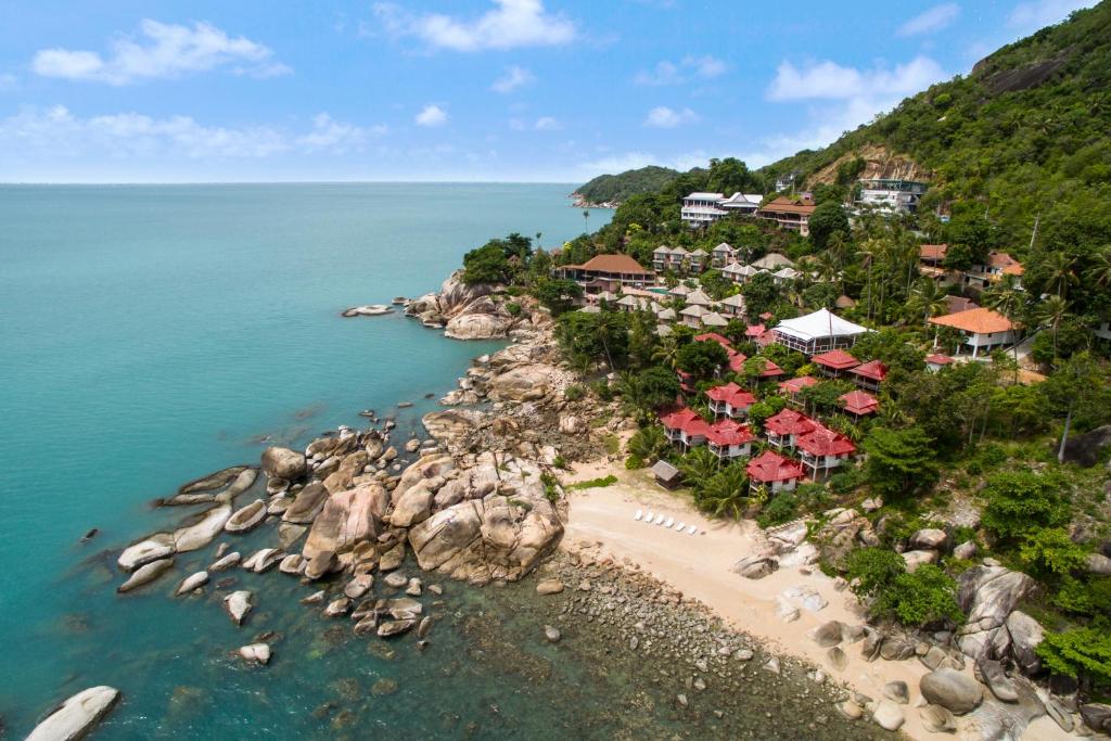 an aerial view of the resort and the beach at Vikasa Yoga Retreat in Lamai