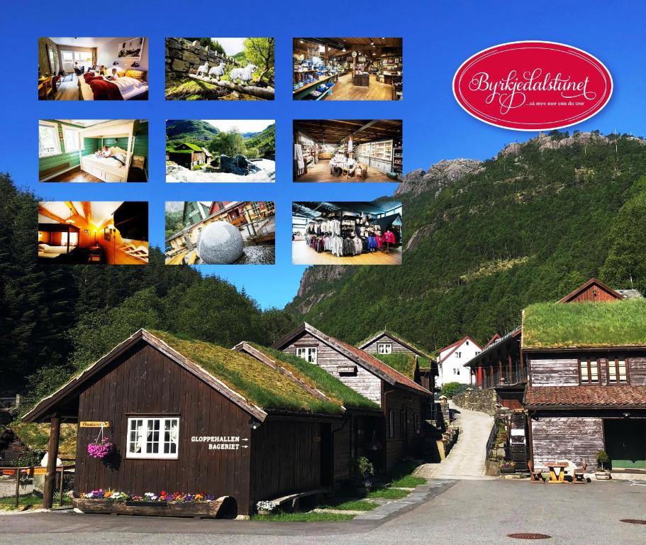 a collage of pictures of a building with grass roofs at Byrkjedalstunet Hotell in Byrkjedal