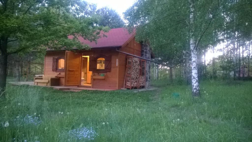 une petite cabane en rondins dans un champ d'herbe dans l'établissement Ło'Burka, à Chrztowo