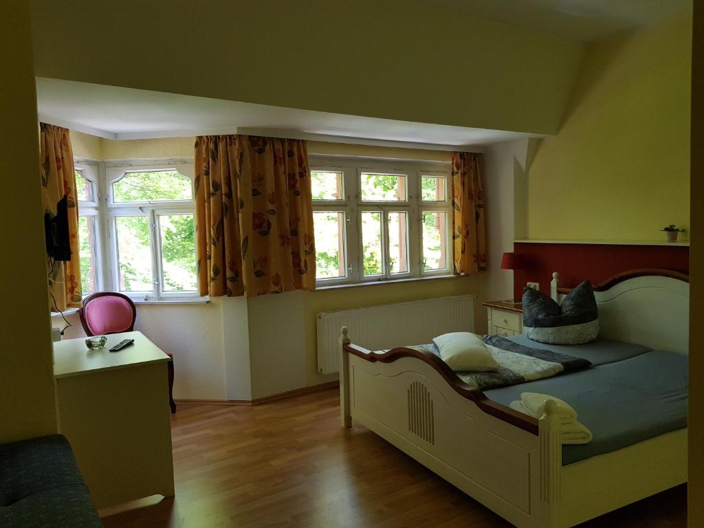ein Schlafzimmer mit einem Bett und zwei Fenstern in der Unterkunft Parkschlösschen in Greiz in Greiz