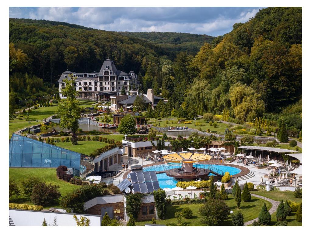 an aerial view of a resort with a pool at Hotel Irys by Derenivska Kupil in Nyzhne Solotvyno