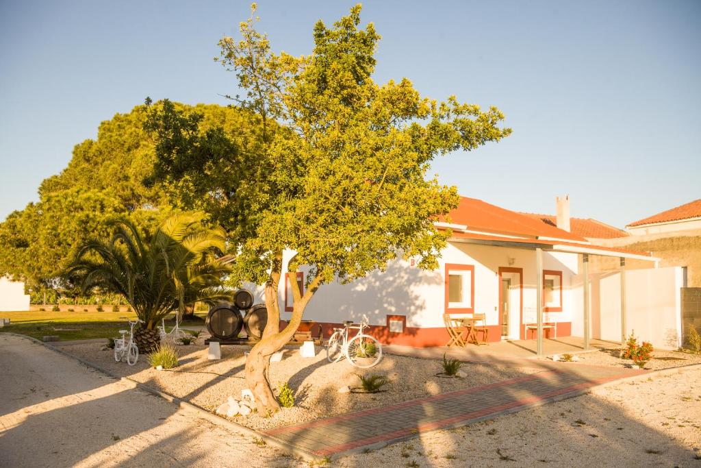 a tree in a yard next to a house at Casa das Pipas #4 in Pinhal Novo