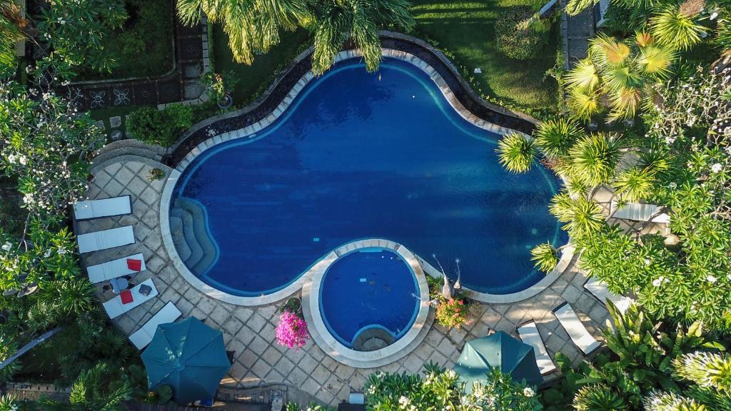 an overhead view of a swimming pool with palm trees at Hotel Suma in Lovina