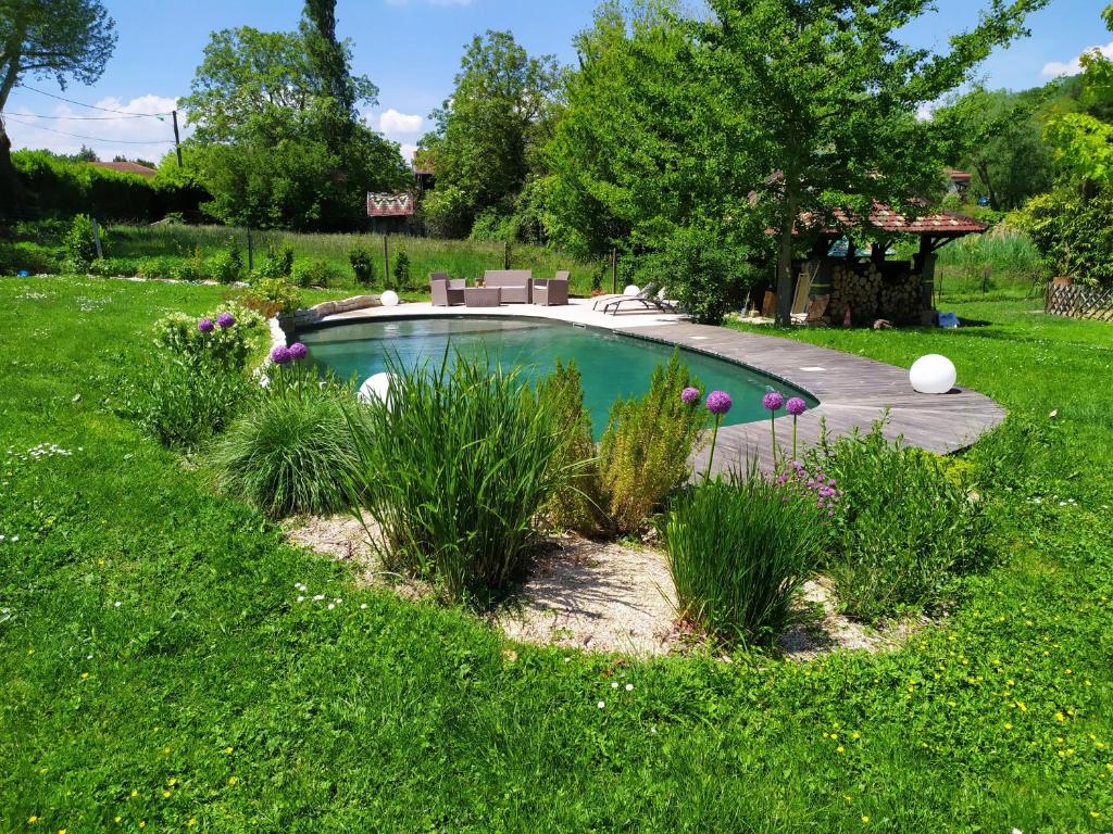una piscina en un patio con césped y flores en La Fée des Eaux en Vernaison