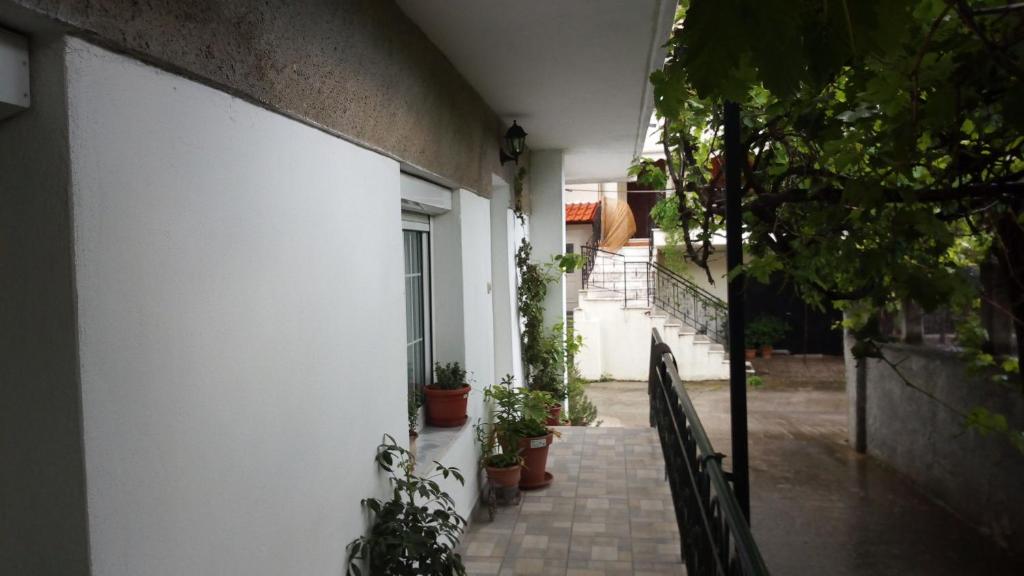 Une allée avec des plantes en pot à côté d'un bâtiment dans l'établissement Big apartment near Olympus mountain, à Litochoro