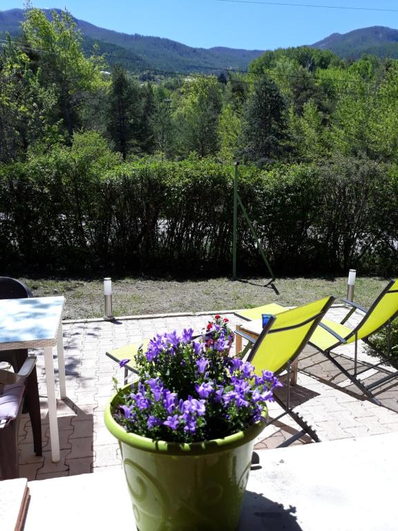 un pot de fleurs assis sur une terrasse avec des chaises dans l'établissement Studio privatif, à Guillestre