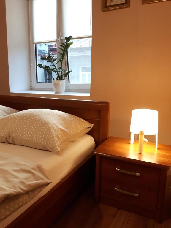 ルブリンにあるStaszica Centrumのベッドルーム1室(ベッド1台、ナイトスタンドのランプ付)