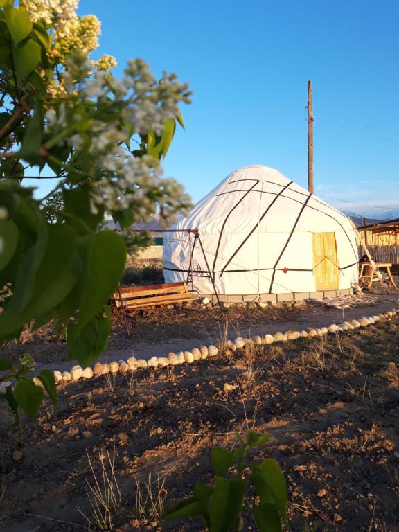 ein Kuppelzelt in der Mitte eines Feldes in der Unterkunft Yurt camp Sonun in Bokonbayevo