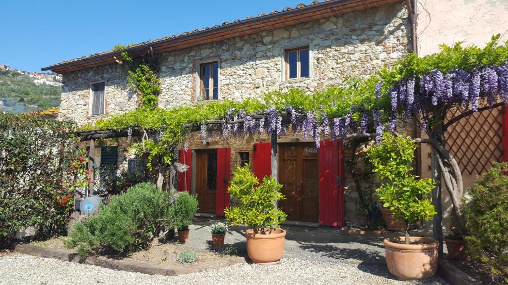 a stone house with purple wisteria on it at La Corte del Falco in Pieve a Nievole