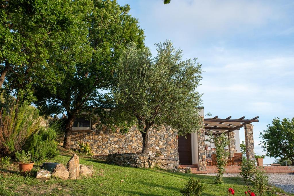 een stenen huis met een tuin en bomen bij Villa Serra d'Elci in Ascea