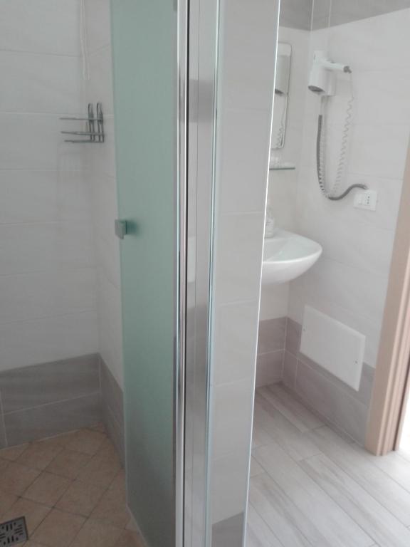 a bathroom with a shower and a sink at Hotel Conca d'Oro in Stalettì