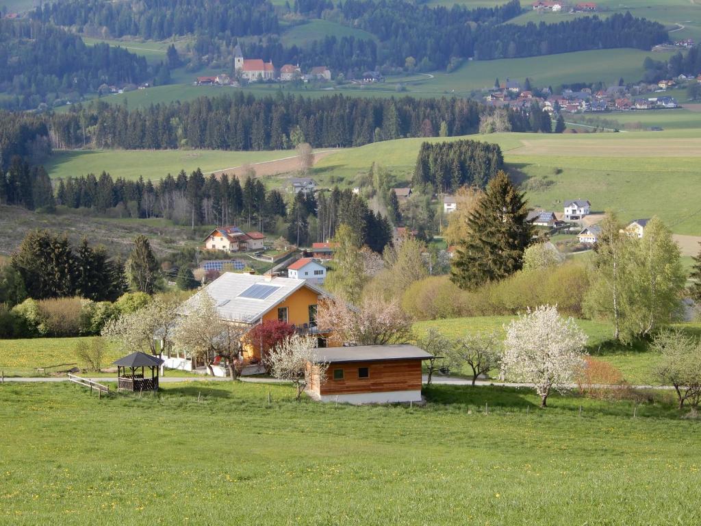 un pequeño pueblo en un campo verde con árboles en Ferienhaus Grohs, en Neumarkt in Steiermark