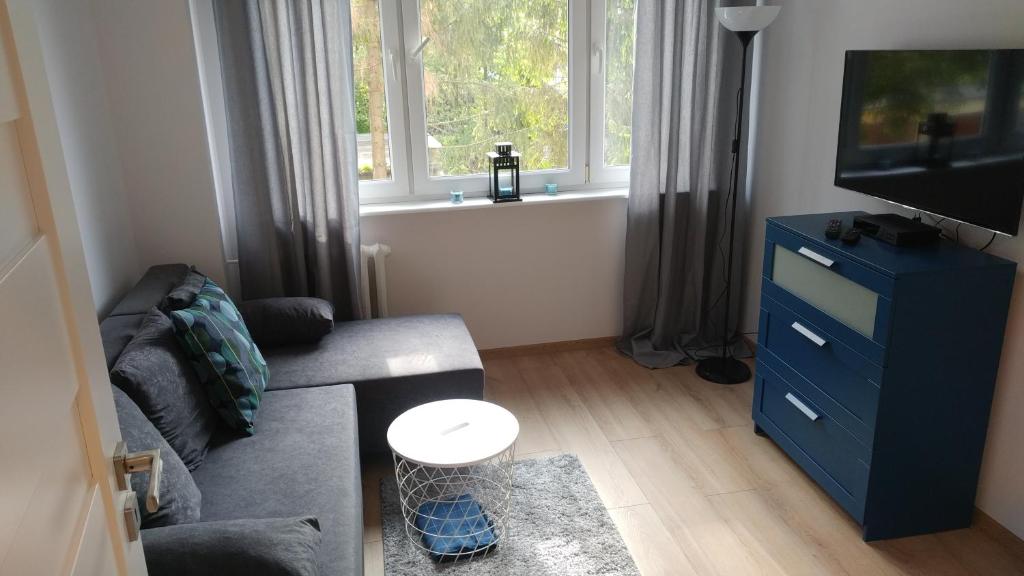 uma sala de estar com um sofá e uma televisão em Sea & Sand Apartment em Gdansk