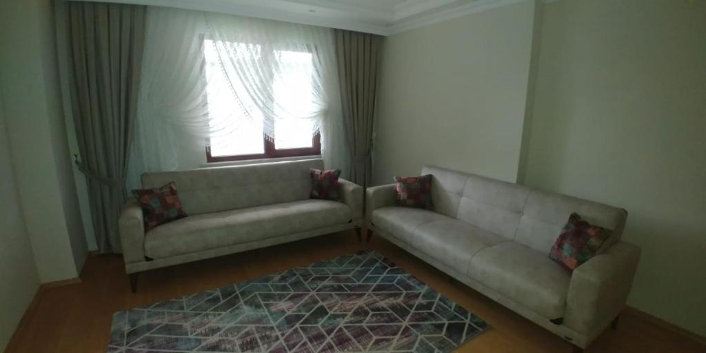 New Family Apartment في إسطنبول: غرفة معيشة بها كنبتين ونافذة