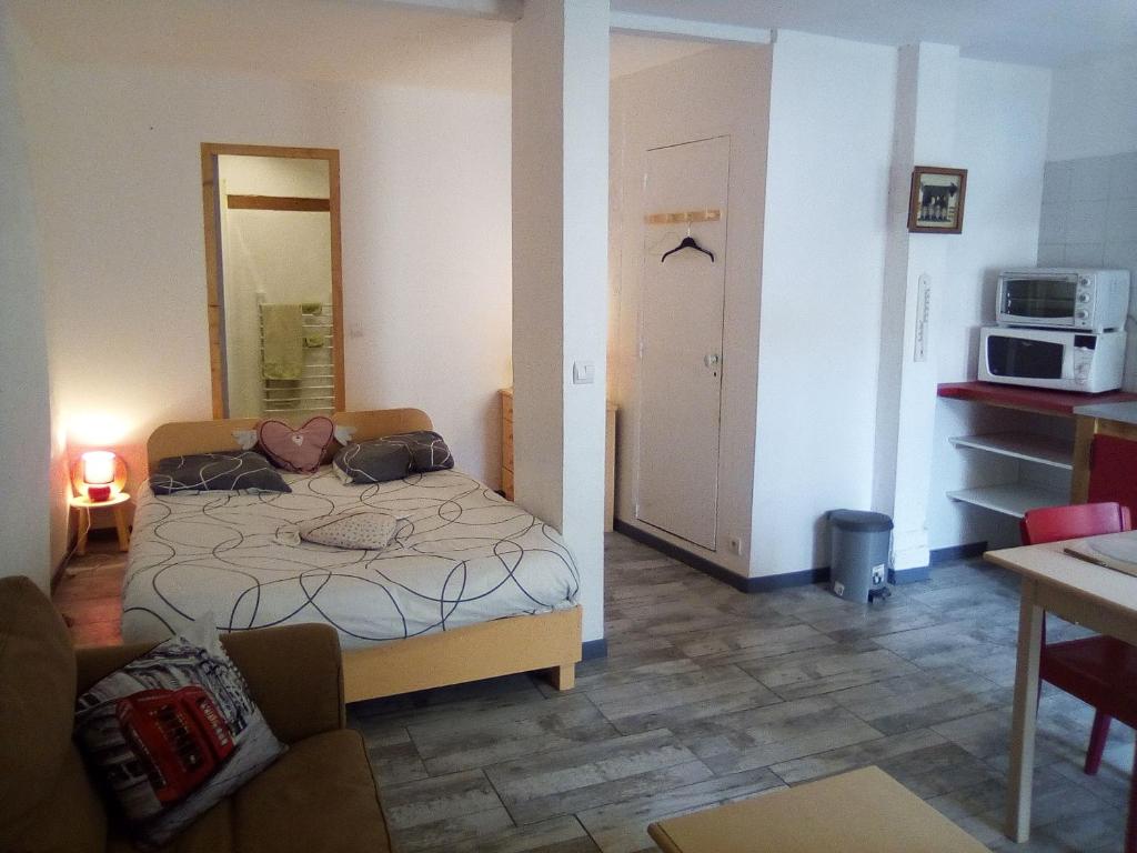 1 dormitorio con 1 cama y cocina con microondas en Charmant studio centre ville Mirepoix, en Mirepoix