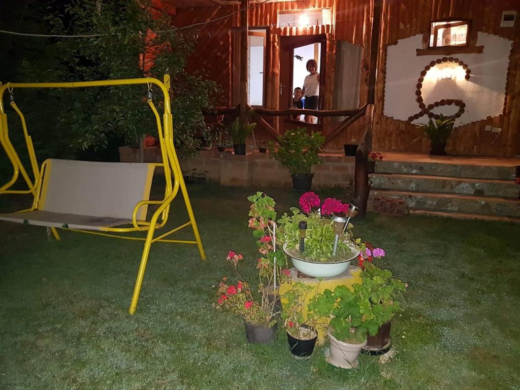 a garden with flowers in a yard with a swing at Hacijenda Gane in Soko Banja
