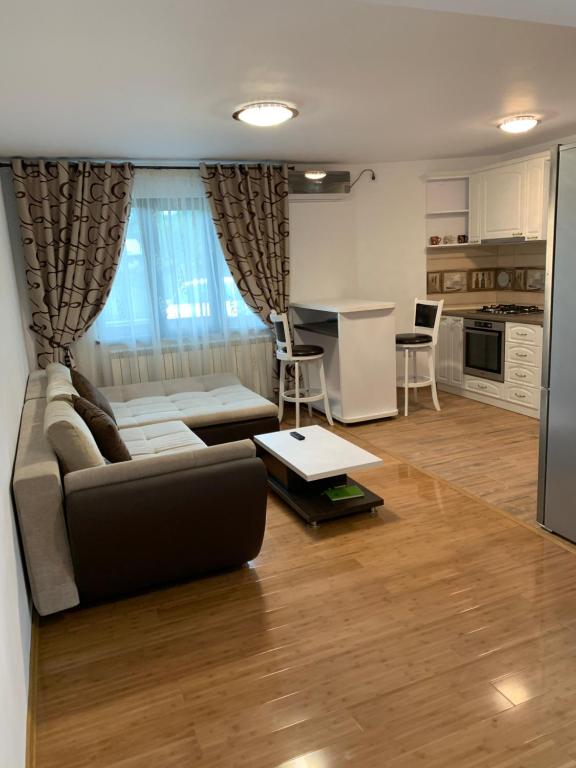 a living room with a couch and a kitchen at Apartament Micsunelelor cu parcare privată in Iaşi