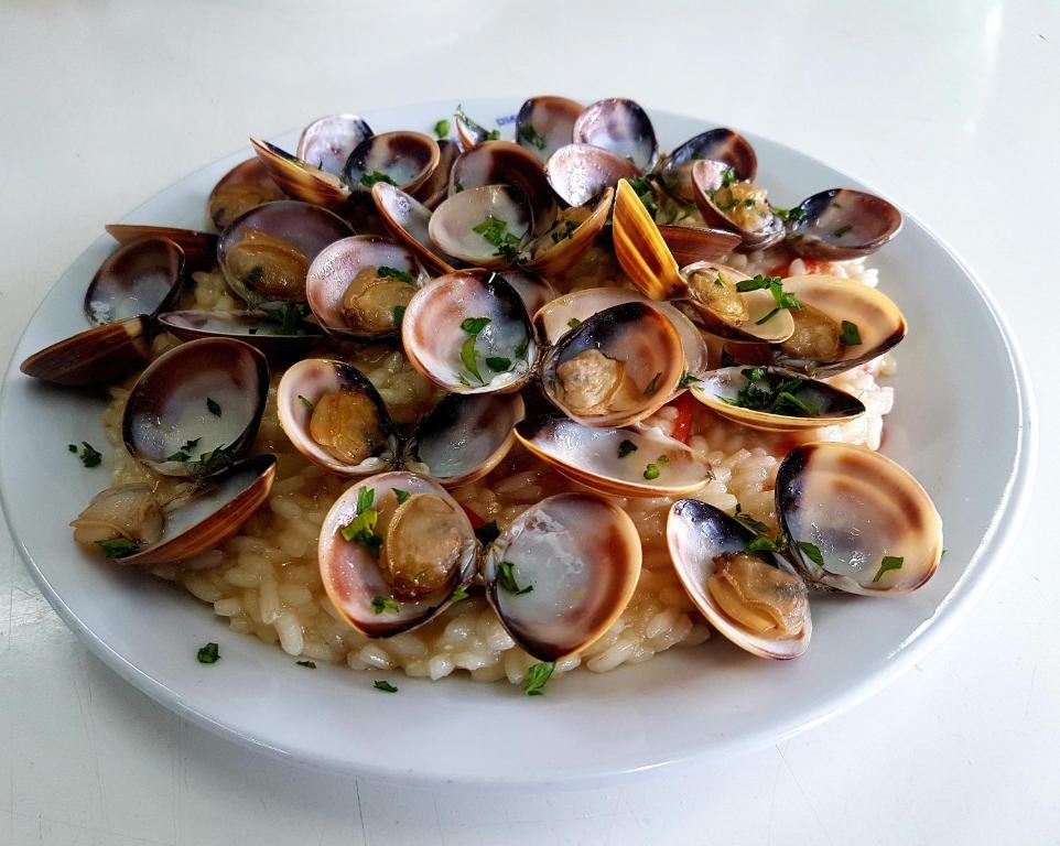 a plate of mussels and rice on a white plate at Hotel Villa Principe in San Nicola Arcella