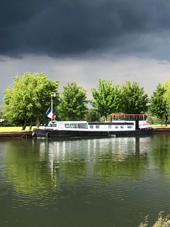 ein Boot auf dem Wasser unter einem wolkigen Himmel in der Unterkunft Péniche Nidd in Dannemarie