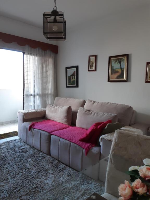 a couch with a pink blanket on it in a living room at Apto Praia Grande in Praia Grande