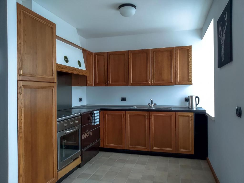 kuchnia z drewnianymi szafkami i kuchenką w obiekcie Casa Zone w mieście Tesero