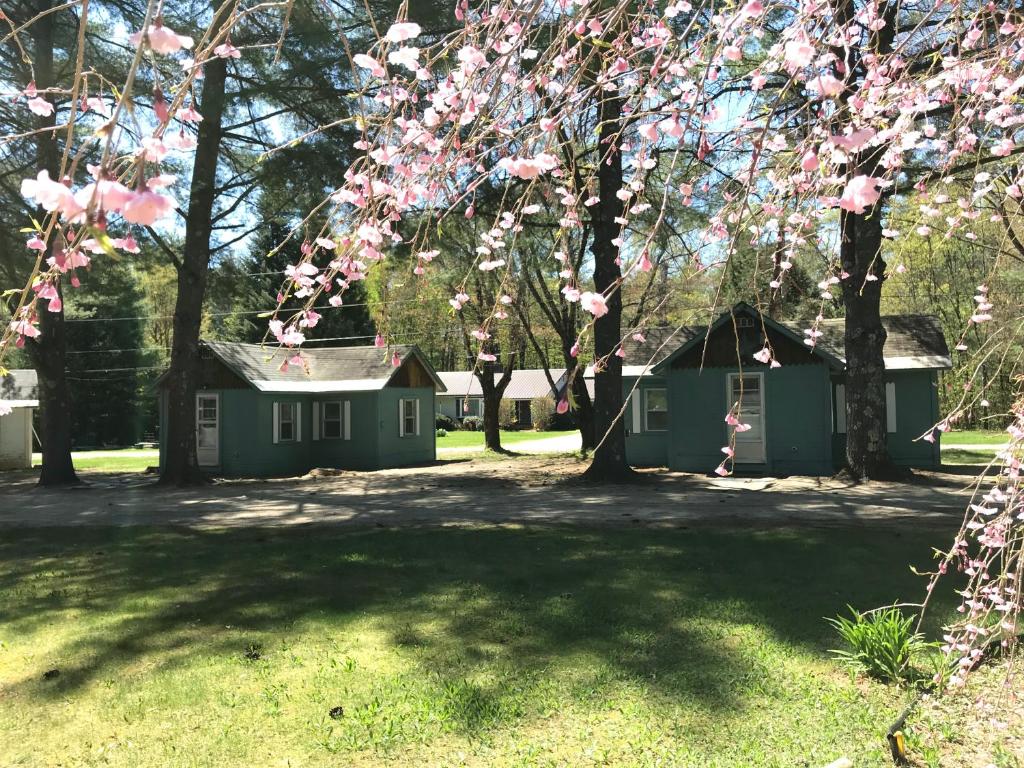 a house in the shade of trees with pink flowers at Pine Valley Cabins in Thornton