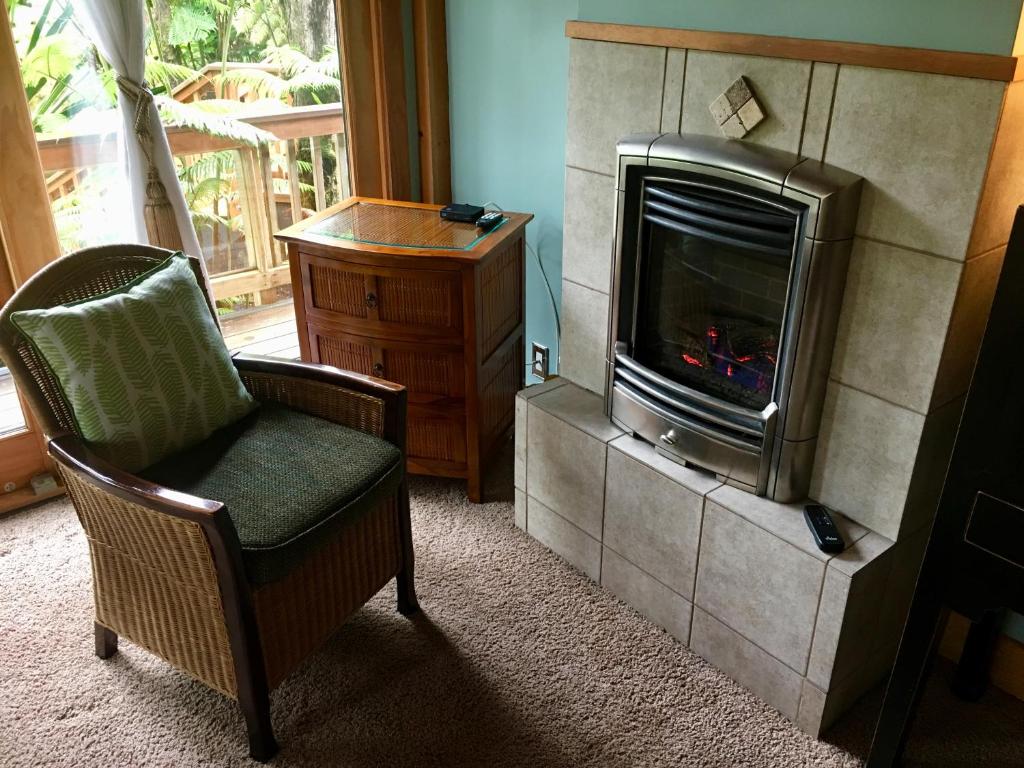 a living room with a chair and a television at At the Craters Edge in Volcano