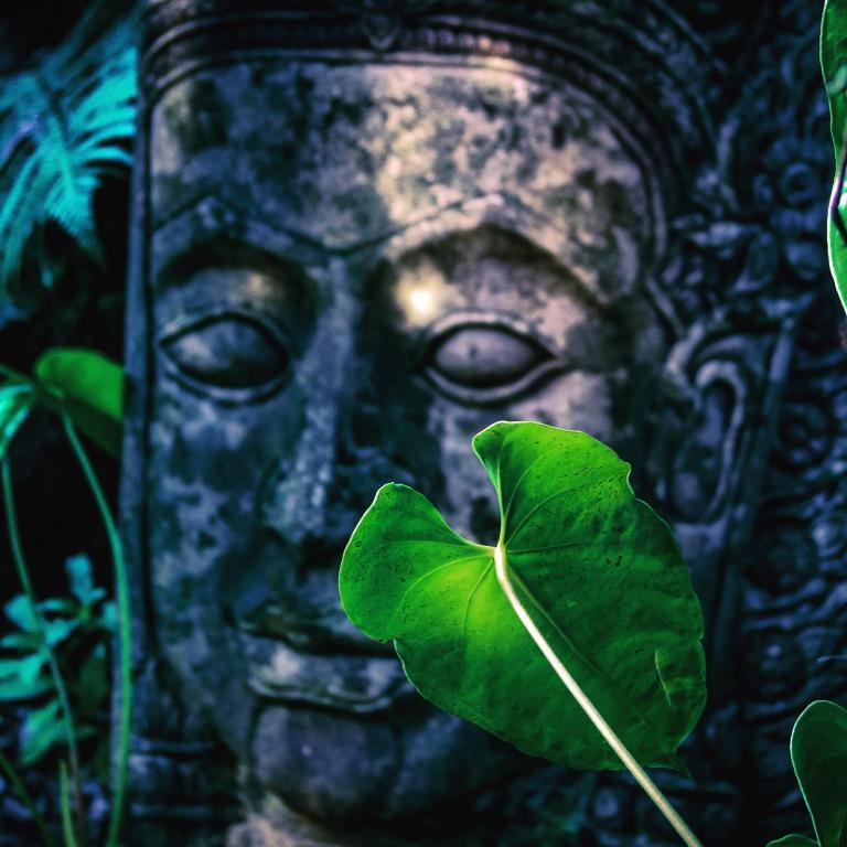 a statue of a face with a green leaf at At the Craters Edge in Volcano