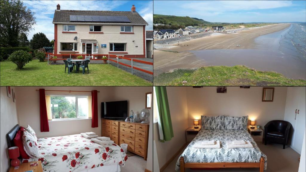 a bedroom with a bed and a house and a beach at Pendine Sands Bed & Breakfast in Pendine