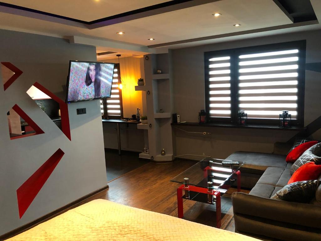 Televízia a/alebo spoločenská miestnosť v ubytovaní Apartament GREY