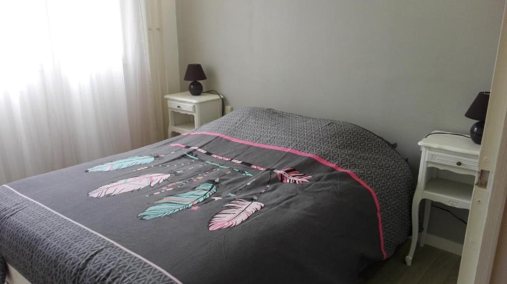 歐特維勒龍的住宿－L'appart de lônes，一张带羽毛的灰色床罩的床