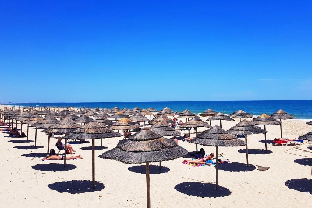 une plage avec de nombreux parasols et des personnes sur le sable dans l'établissement Best Located Apt - Fabulous Pool !, à Cabanas de Tavira