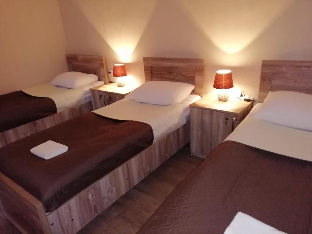 una camera con tre letti con lampade sopra di Guest House ELENA a Kutaisi