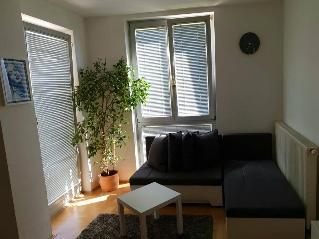 uma sala de estar com um sofá preto e duas janelas em Victoria Apartment em Ljubljana