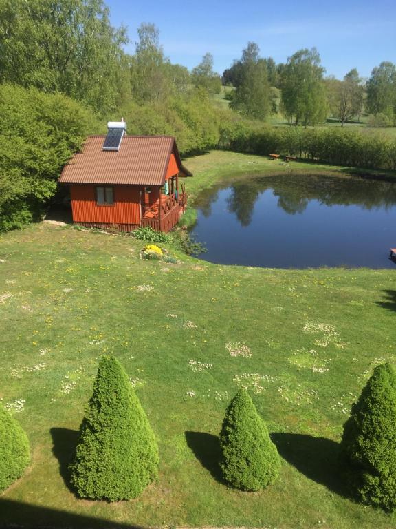 a small red cabin in a field with a pond at Antano Razgaus kaimo turizmo sodyba in Plateliai