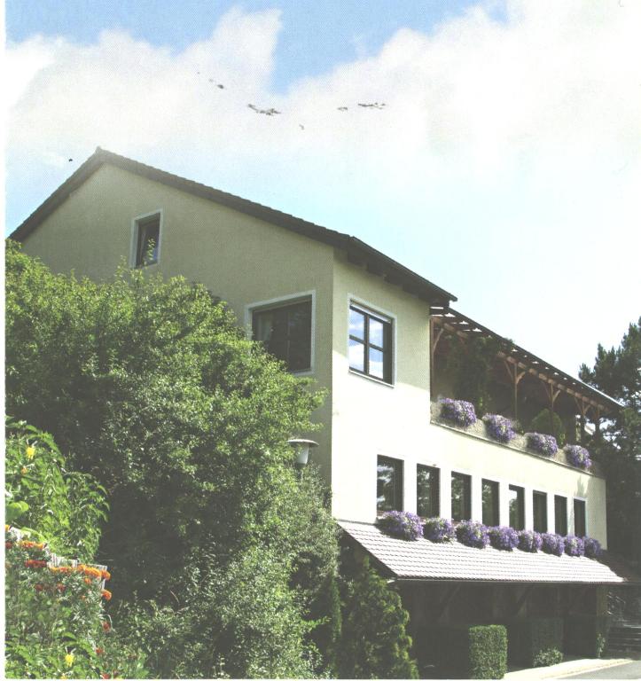 un edificio blanco con cajas de flores. en Landgasthaus Zum Erlengrund en Emskirchen