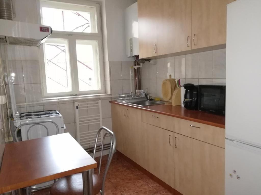 a kitchen with a table and a sink and a stove at APARTMENT POPS in Cluj-Napoca
