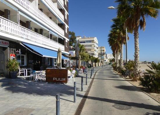 an empty street with palm trees and a hotel at Beach front Esther 1 villajoyosa in Villajoyosa