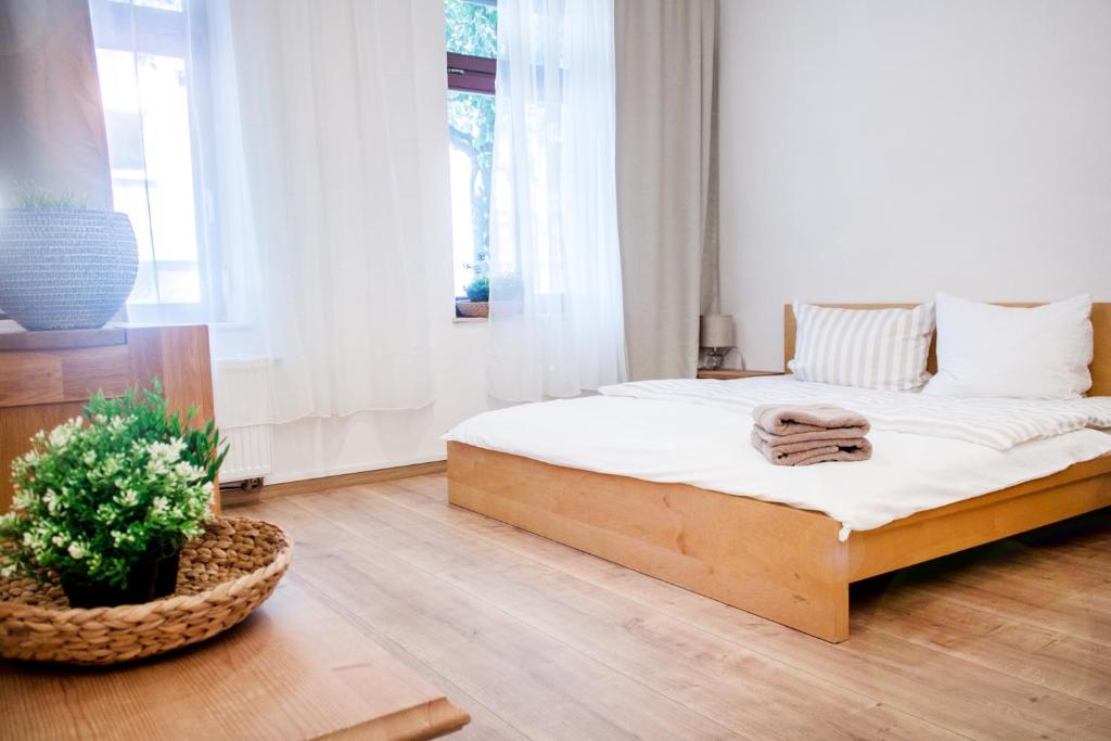 een slaapkamer met een bed en een plant op de vloer bij Apartment Dora in Chemnitz