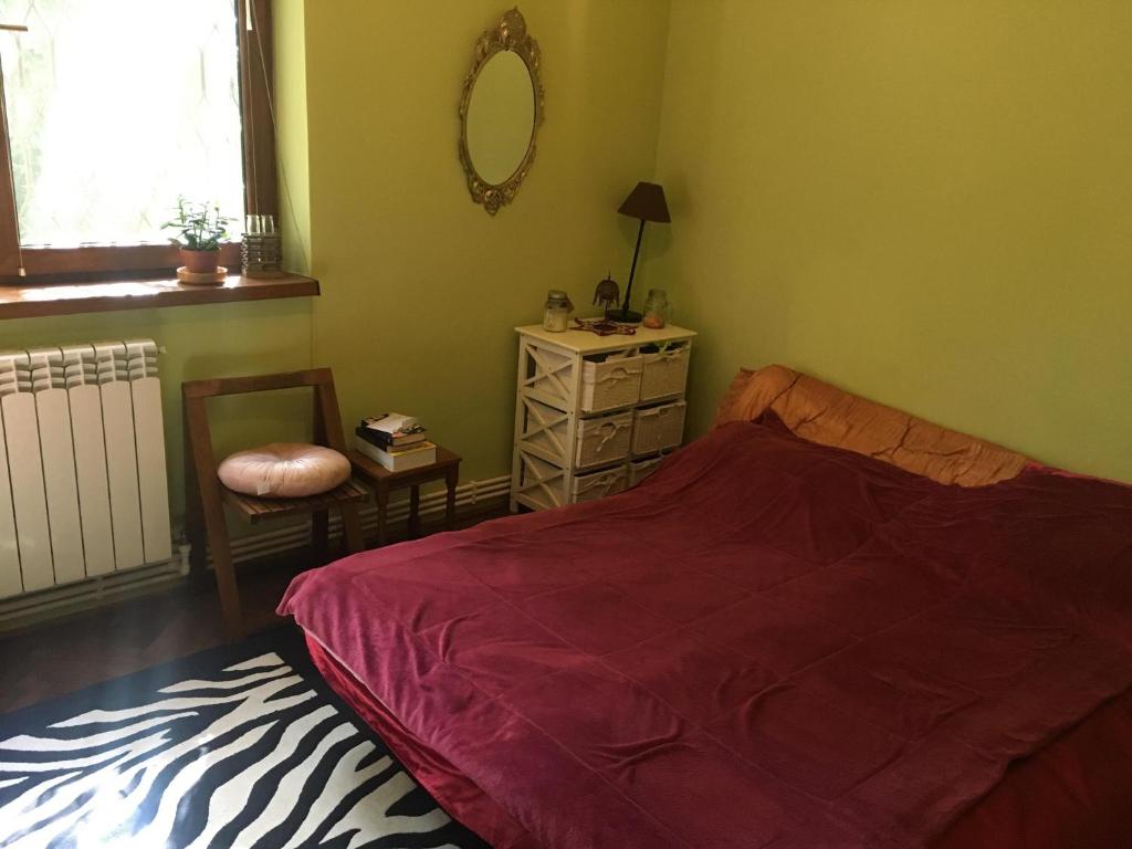 a bedroom with a bed and a dresser and a mirror at Sara’s place in Constanţa