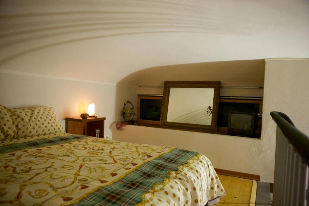 a bedroom with a bed and a mirror on the wall at Le Corti 2 in Alessandria