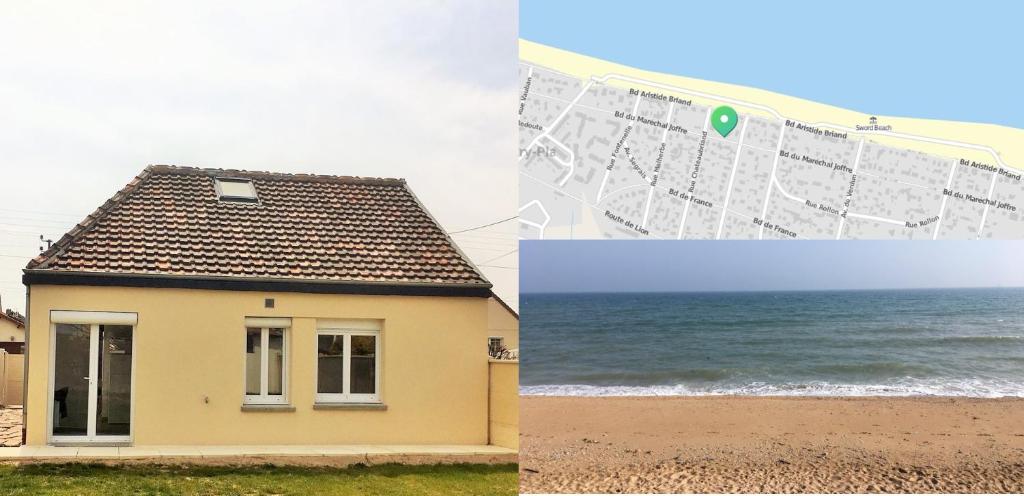 two pictures of a house and the ocean at Asteria in Ouistreham