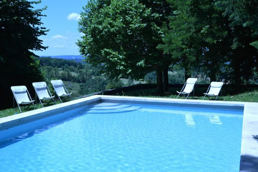 a swimming pool with four chairs and a tree at Chambre d'hôtes chez Johannes et Adèle in Brive-la-Gaillarde